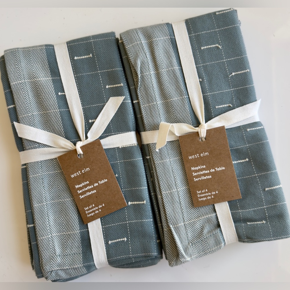 West Elm Set of 2 Delicate Grid 100% Cotton Napkin Sets Mist Blue NWT Retail $96
